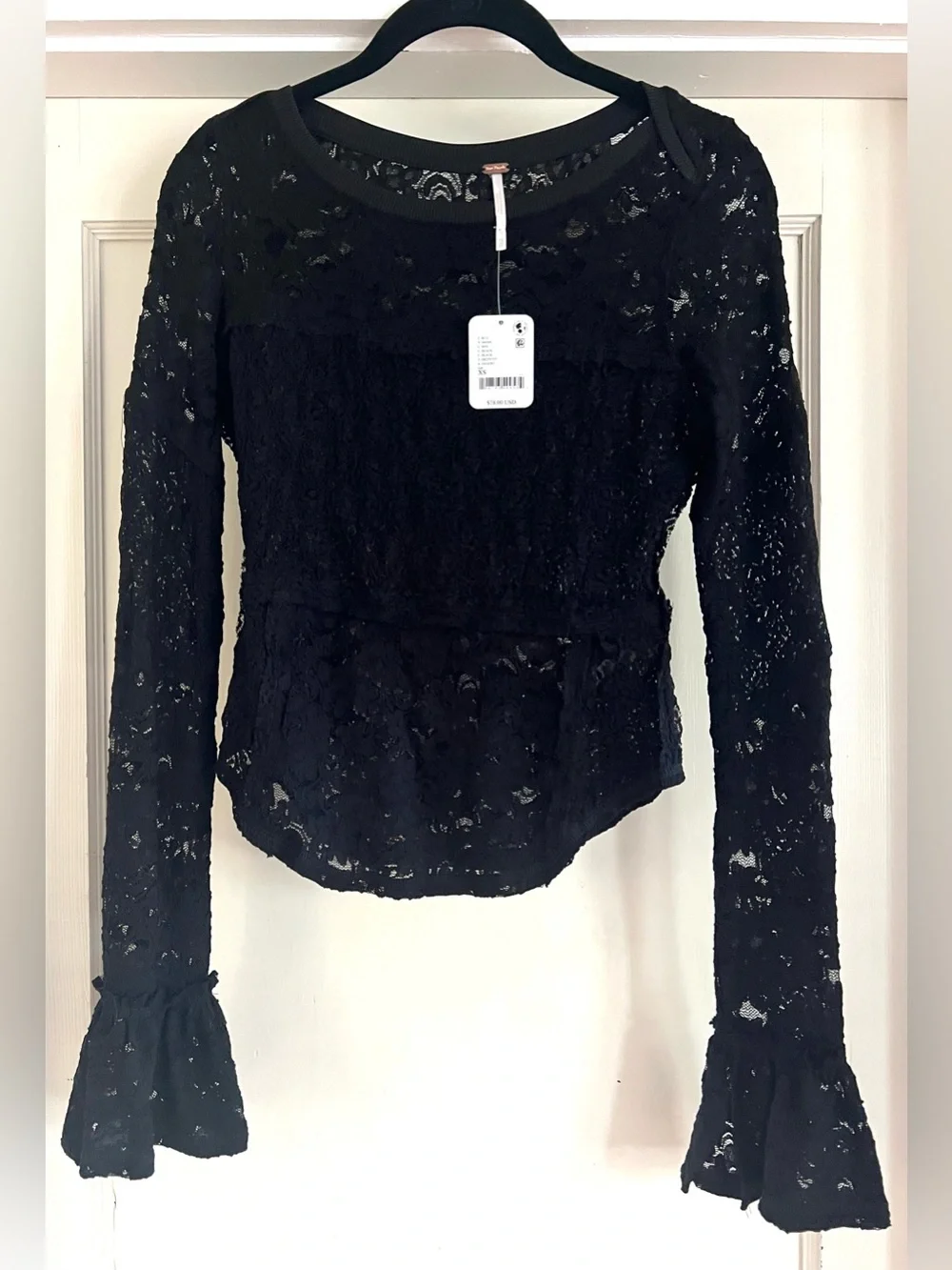 Free People Sheer Lace Flared Long Sleeve Top in Black Size XSmall NWT